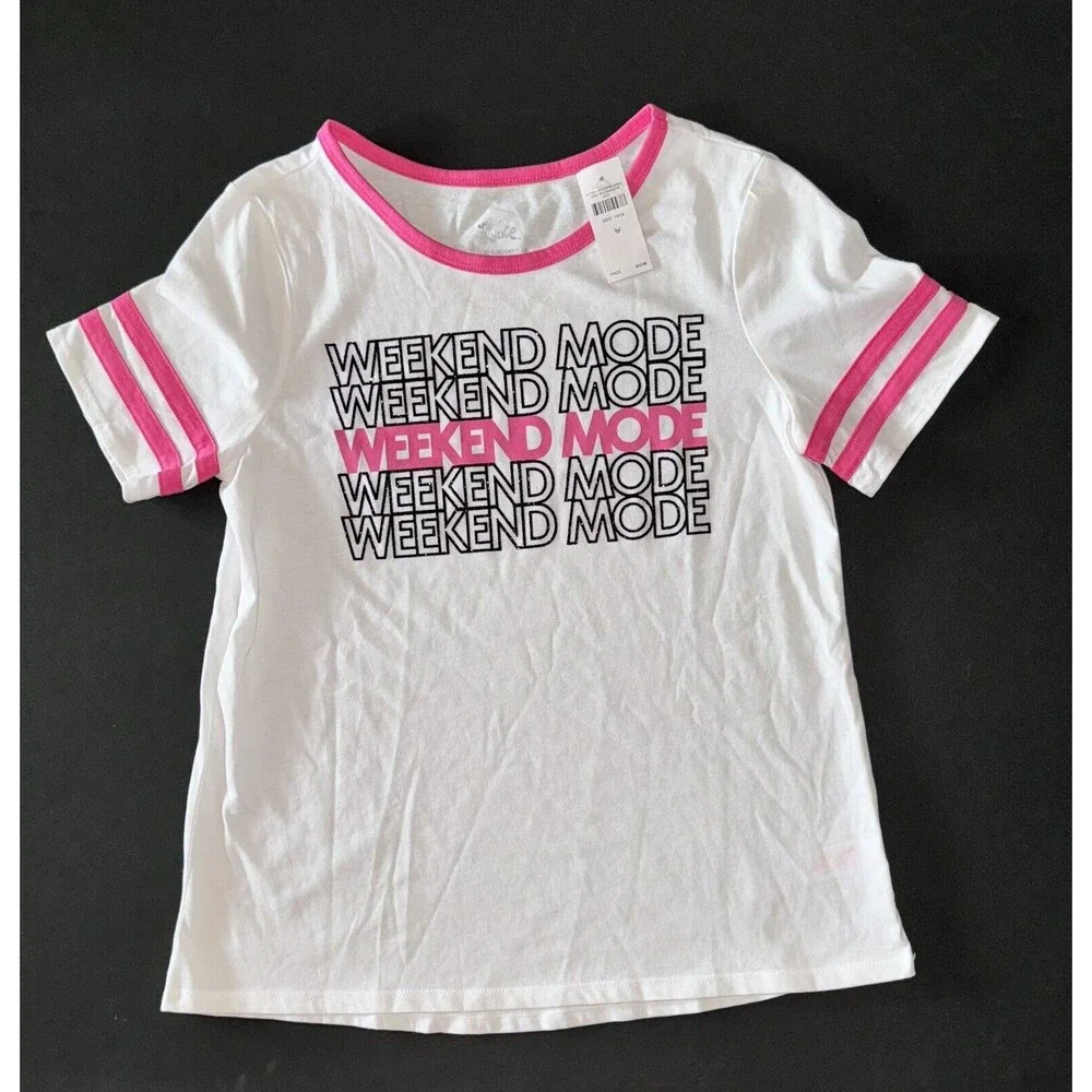 NEW Justice girls T-shirt XL 14 16 Pink White Weekend Mode Pug Dog Puppy S/S Top